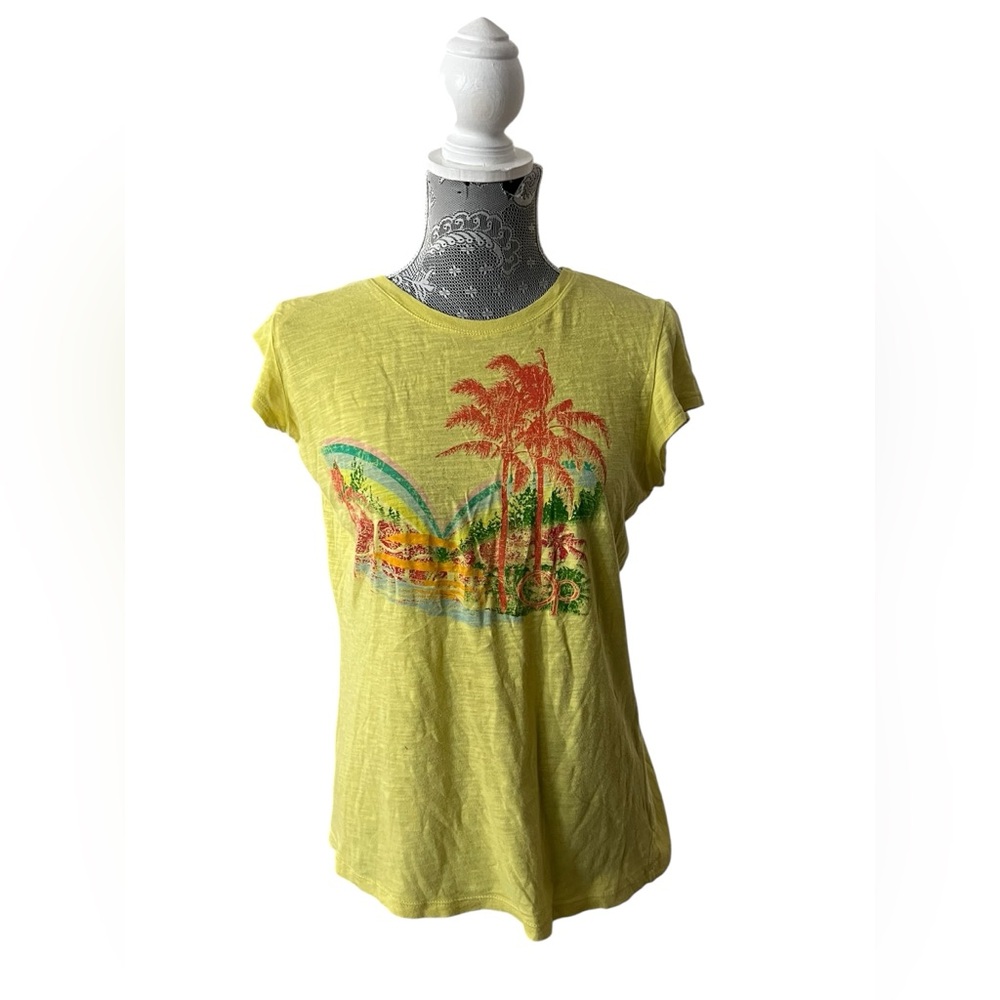 OP Yellow Tropical Graphic Tee Palm Tree Surf Print Medium